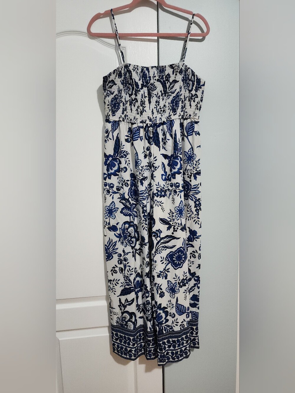 White and Blue Floral Smocked Strap Jumpsuit